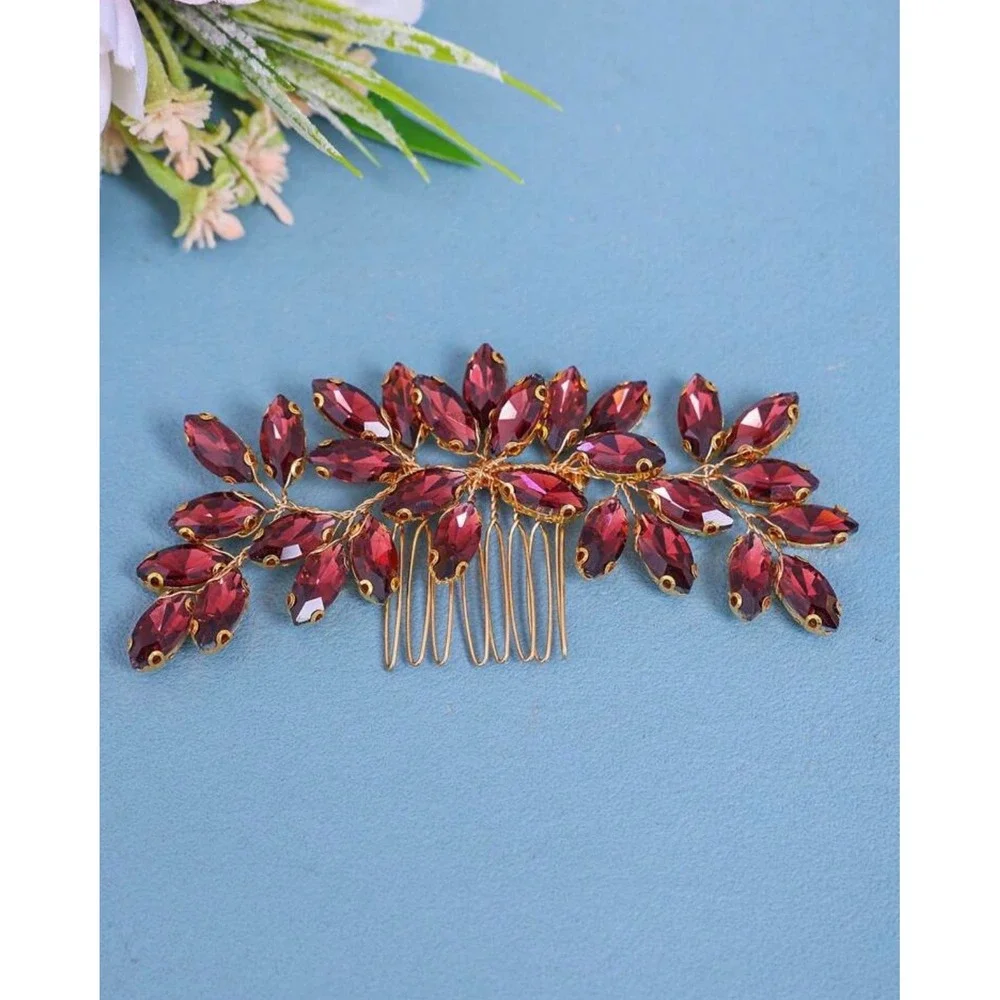 Unbranded Rhinestone Hair Comb Women OS Burgundy Gold Floral Vine Headpiece